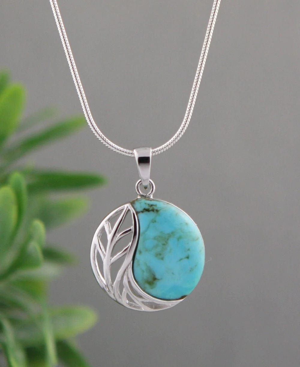 Feather and Turquoise Yin Yang Pendant, Sterling Silver