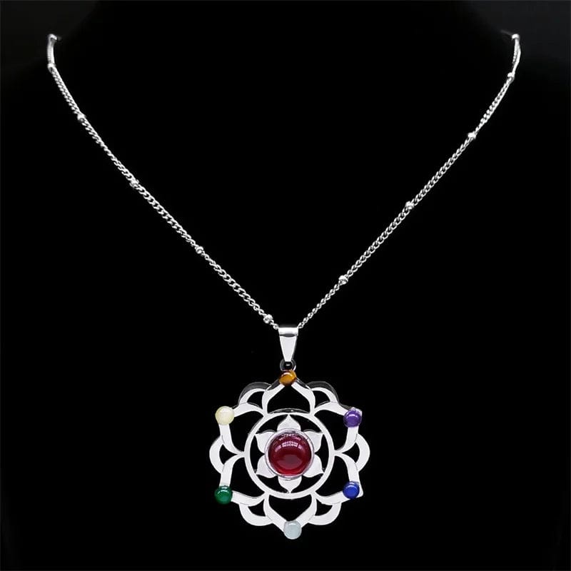 Sterling Silver Gemstone Chakra Lotus Necklace